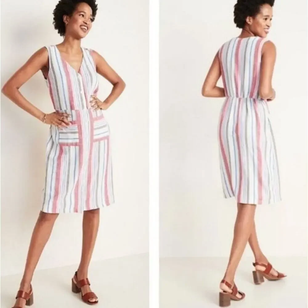 Old Navy Linen Blend Stripe Dress Small Knee Length Button Front Cottage Tank - Picture 1 of 7